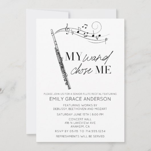 私の杖が私を選んだ 名言 音楽の音符 フルートの発表会 招待状 (正面)