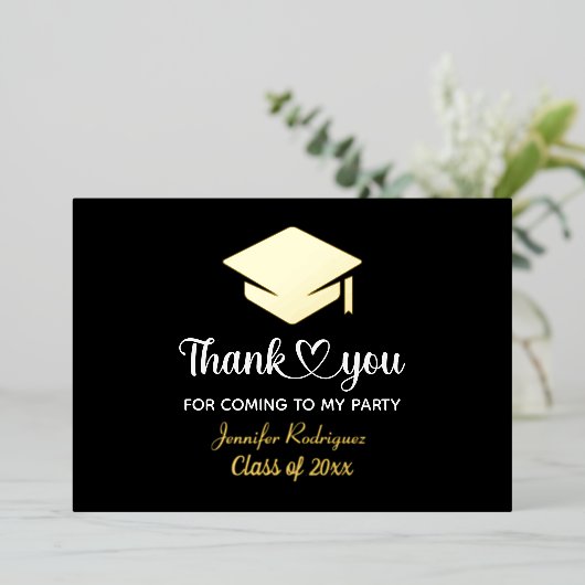 私の来パーティー卒業キャップありがとう 箔招待状 (立ち正面)