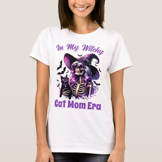 私の気の利いた猫ママ時代スケルトン魔女ブラックキャット Tシャツ (正面)