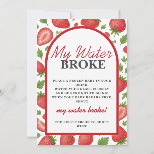 私の水はイチゴの赤ちゃんシャワーゲームを壊した 招待状 (正面)