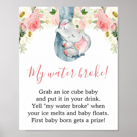 私の水はゲーム女の子の赤ちゃんシャワー象のサインを壊した ポスター (正面)