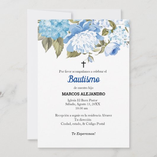 私の洗礼 ブルー フラワー/ライトブルー 招待状 (正面)
