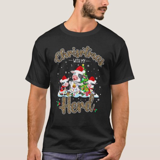 私の牛の群れとクリスマス ライト サンタ 牛飼い ヒョウ Tシャツ (正面)
