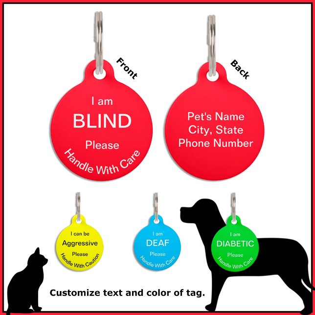 [私の犬について]盲目ろう注意猫犬 ペット　ネームタグ (Click the big blue "Edit Using Design Tool" button to choose any color you like for your tag.)