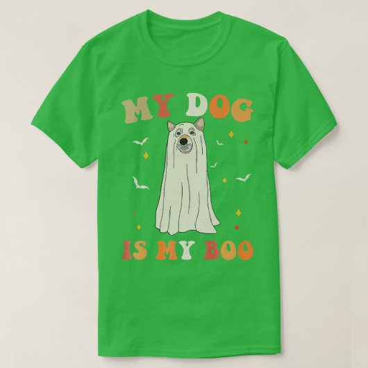 私の犬は私のブーおもしろい犬オーナーブー幽霊ハロー Tシャツ (デザイン正面)