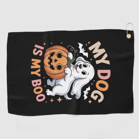 私の犬は私のブーがおかしいハロウィーンだ ゴルフタオル (横)