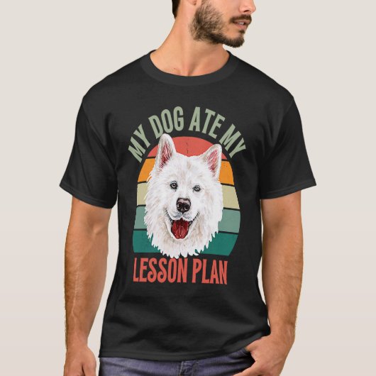 私の犬食べ私のレッスンプランレトロSamoyed Dog Teache Tシャツ (正面)