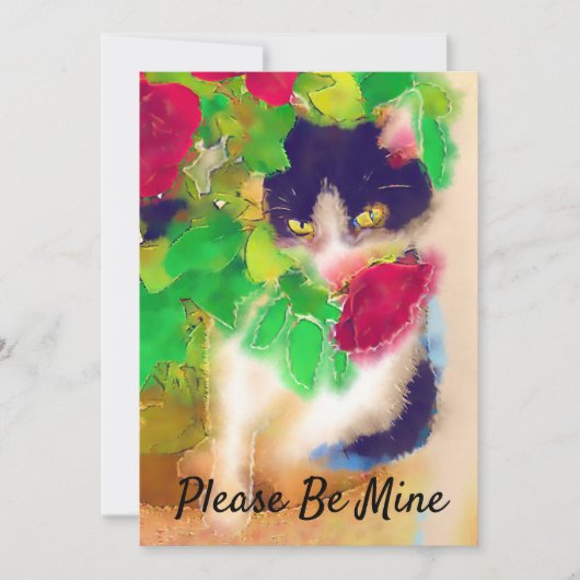 私の猫と赤いバラのバレンタイン サンキューカード (正面)