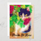 私の猫と赤いバラのバレンタイン サンキューカード (正面/裏面)