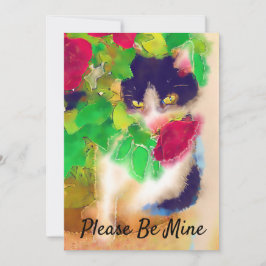 私の猫と赤いバラのバレンタイン サンキューカード