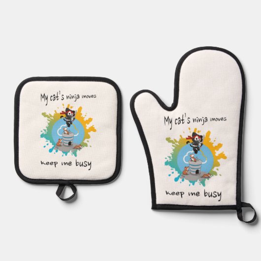私の猫の忍者は私の保アスレックの忙し猫を動かす 鍋つかみ&鍋敷きセット (正面)