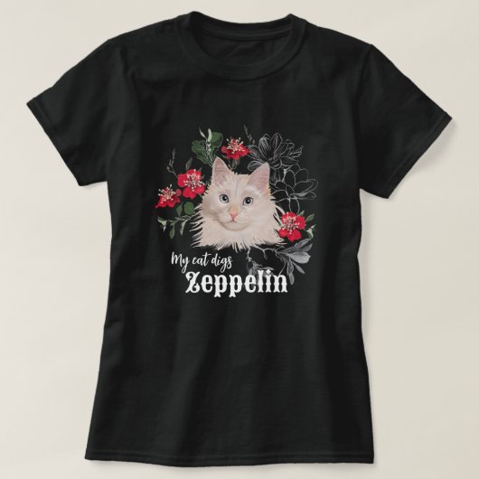 私の猫はZeppelin Tシャツの白黒 Tシャツ (デザイン正面)