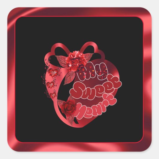 私の甘いハート赤シャイニーバレンタインスクエアステッカー スクエアシール (正面)