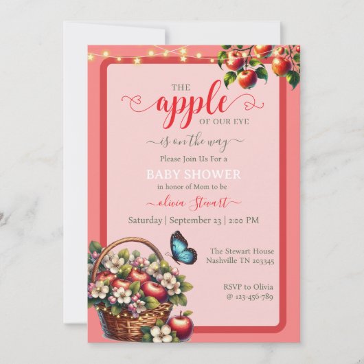 私の目のベビーシャワー招待状の赤い格子状のリンゴ 招待状 (正面)