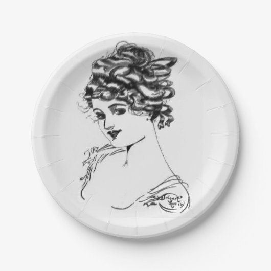 私の祖父の紙Pによる1917年のアールヌーボーインクスケッチ ペーパープレート (正面)