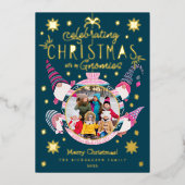 私の祝Gnomies家族の写真とクリスマス 箔シーズンカード (正面)