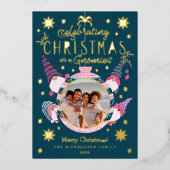 私の祝Gnomies家族の写真とクリスマス 箔シーズンカード (正面)