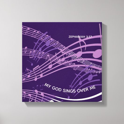 私の神が私の上で歌うゼファニヤ3:17紫の音楽 キャンバスプリント (正面)