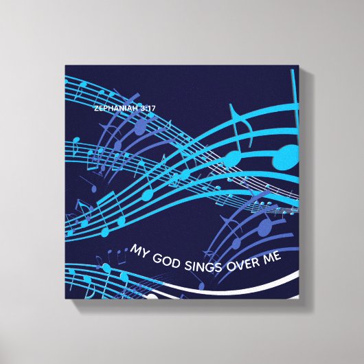 私の神が私の上で歌うゼファニヤ3:17青い音楽 キャンバスプリント (正面)