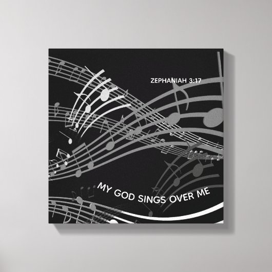 私の神が私の上で歌うゼファニヤ3:17黒い音楽 キャンバスプリント (正面)