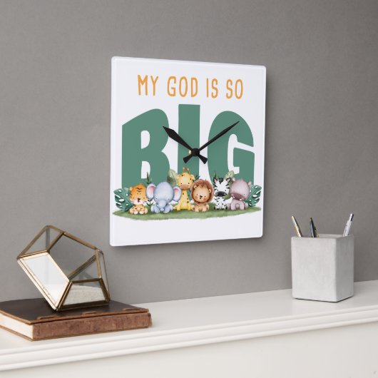 私の神はとても大きい – クリスチャン信仰サファリ動物 スクエア壁時計 (オフィス)
