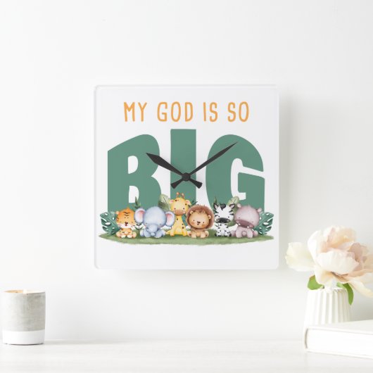私の神はとても大きい – クリスチャン信仰サファリ動物 スクエア壁時計 (ホーム)