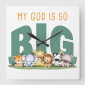 私の神はとても大きい – クリスチャン信仰サファリ動物 スクエア壁時計 (正面)
