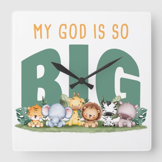 私の神はとても大きい – クリスチャン信仰サファリ動物 スクエア壁時計 (正面)