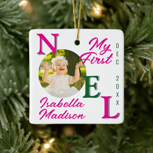 私の第1回クリスマスベビーガールピンクの写真記念 セラミックオーナメント (ツリー)