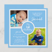 私の第1誕生日(第1) -スカイブルーの正方形及び写真 招待状 (正面/裏面)