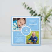 私の第1誕生日(第1) -スカイブルーの正方形及び写真 招待状 (スタンド正面)