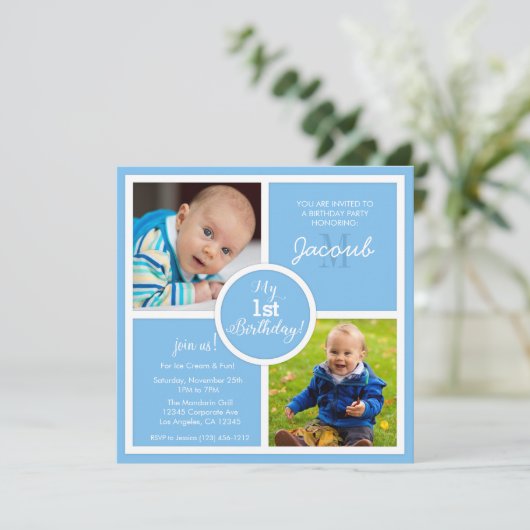 私の第1誕生日(第1) -スカイブルーの正方形及び写真 招待状 (スタンド正面)