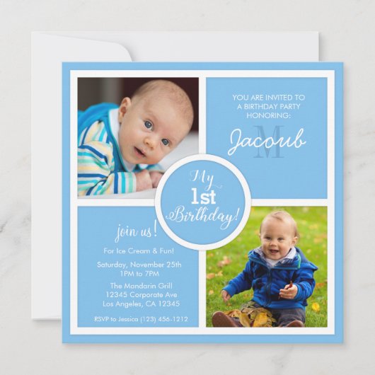 私の第1誕生日(第1) -スカイブルーの正方形及び写真 招待状 (正面)
