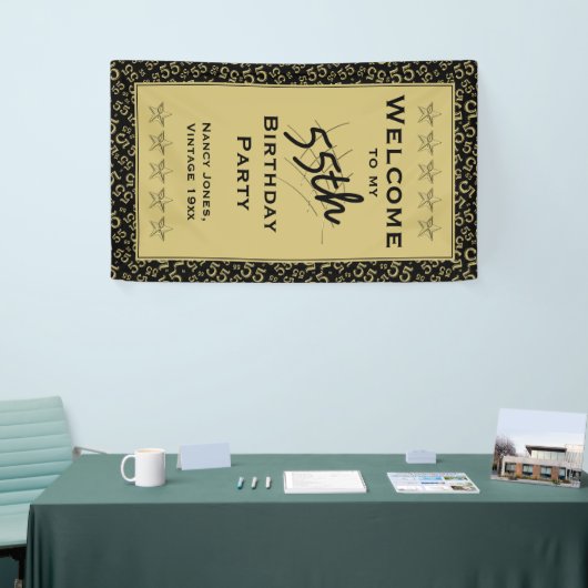 私の第55誕生会への歓迎-金ゴールドか黒 横断幕 (トレードショー)