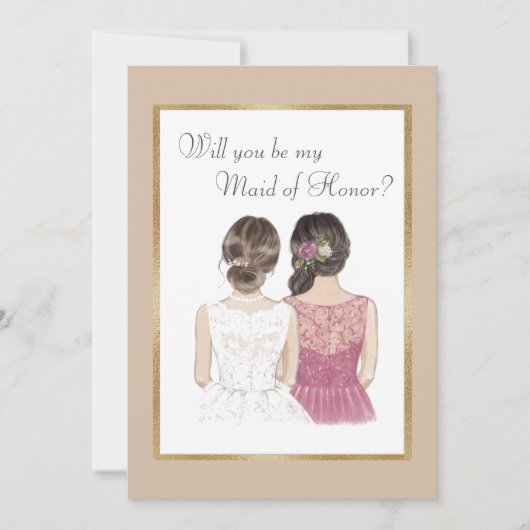 私の結婚式の伴娘になってくれますか？ ゴールド 招待状 (正面)