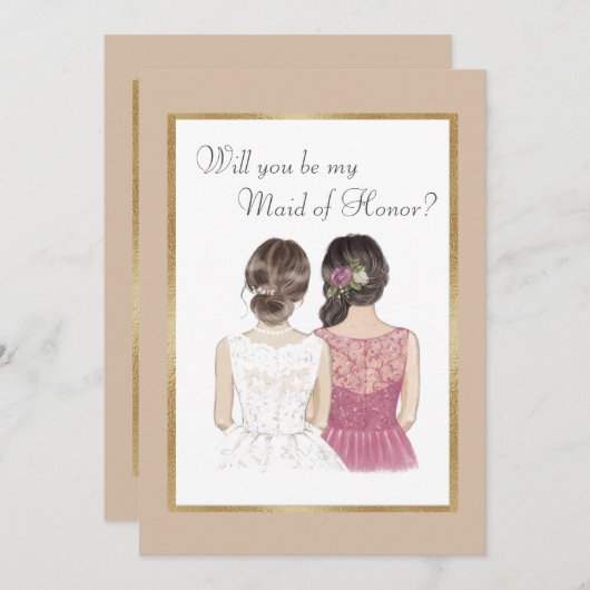 私の結婚式の伴娘になってくれますか？ ゴールド 招待状 (正面/裏面)
