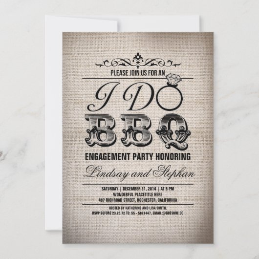 私の結婚式はBBQの麻の生地のエンゲージメントパーティーの招待状 招待状 (正面)