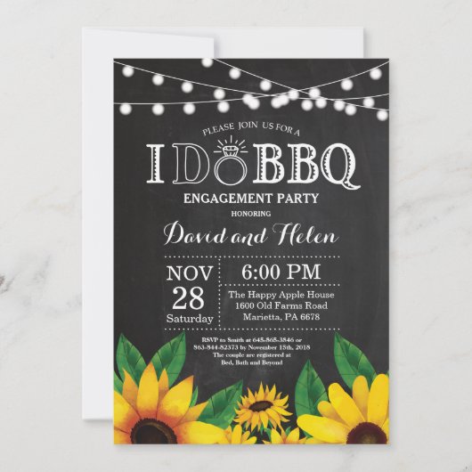 私の結婚式 BBQ 向日葵エンゲージメントパーティー ブラックボード 招待状 (正面)