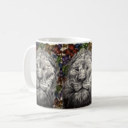 私の翼のライオンの蝶動物の芸術の下で巻いて下さい コーヒーマグカップ (正面左)