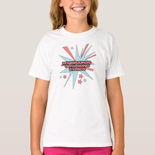 私の脳は90%が歌詞 – 楽しいレトロポップアート Tシャツ (正面)