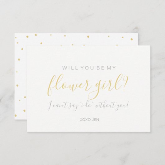 私の花の女の子のカード – 金ゴールドドット白 招待状 (正面/裏面)