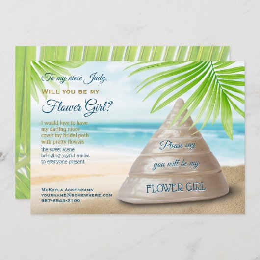 私の花の女の子のビーチ結婚式シーシェル 招待状 (正面/裏面)