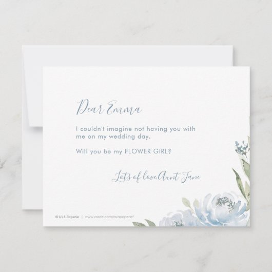 私の花の女の子の埃っぽい青いフローラ 招待状 (裏面)