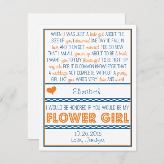 私の花娘になれる?ネービー·ブルー/オレンジ·ポエム 招待状 (正面/裏面)