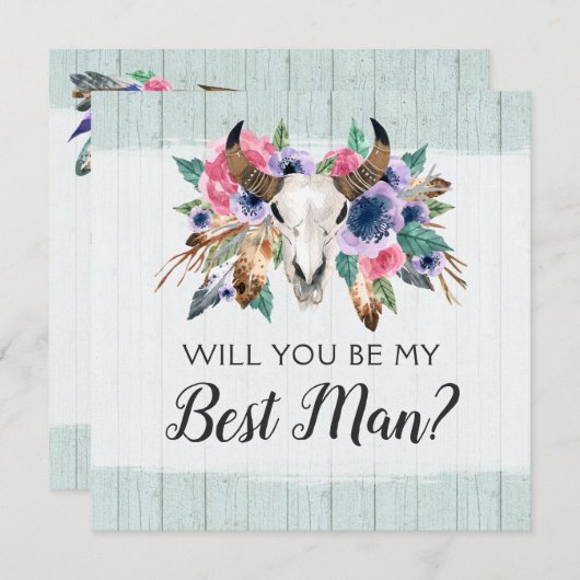 私の花婿介添人素朴フローラスカル 招待状 (正面/裏面)