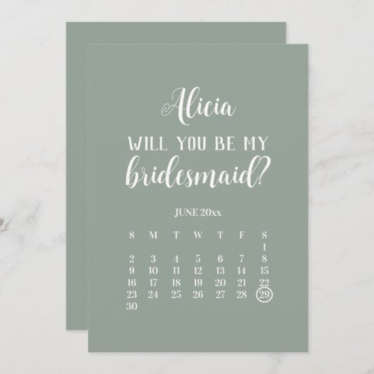 私の花嫁のセージ緑のカレンダーの提案になる 招待状 (正面/裏面)