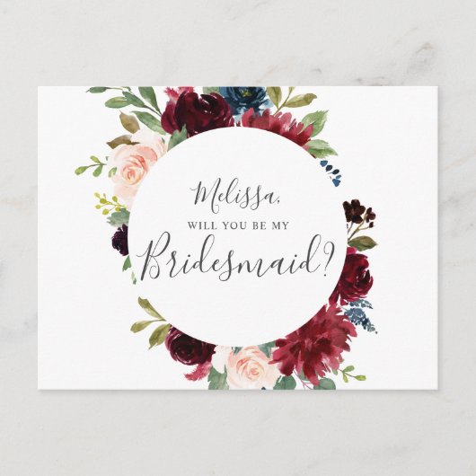 私の花嫁のバーガンディーブルーフローラか インビテーションポストカード (正面)