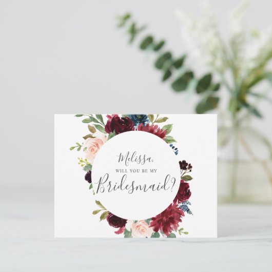 私の花嫁のバーガンディーブルーフローラか インビテーションポストカード (スタンド正面)