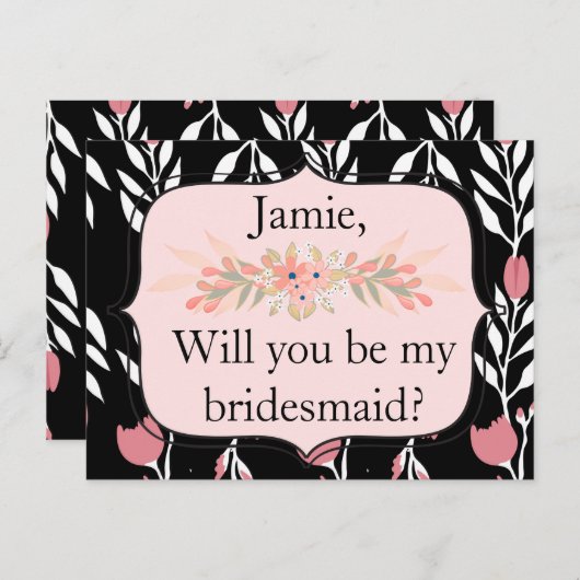 私の花嫁のピンクと黒のフローラか インビテーションポストカード (正面/裏面)