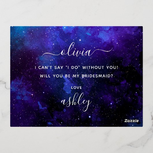 私の花嫁のメイドになってくれないか。宇宙ネイビー金ゴールドスクリプト 箔招待状ポストカード (裏面)